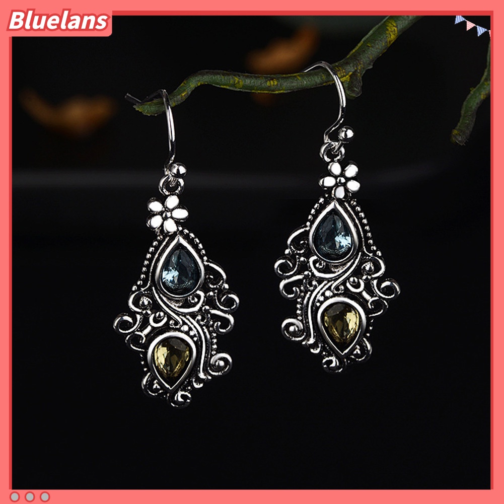 Bluelans Vintage Women Water Drop Rhinestone Flower Dangle Hook Earrings Jewelry Gift