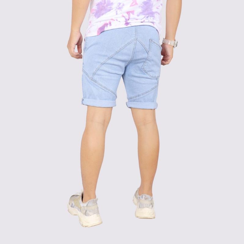 celana pendek jeans pria bahan karet biru muda termurah