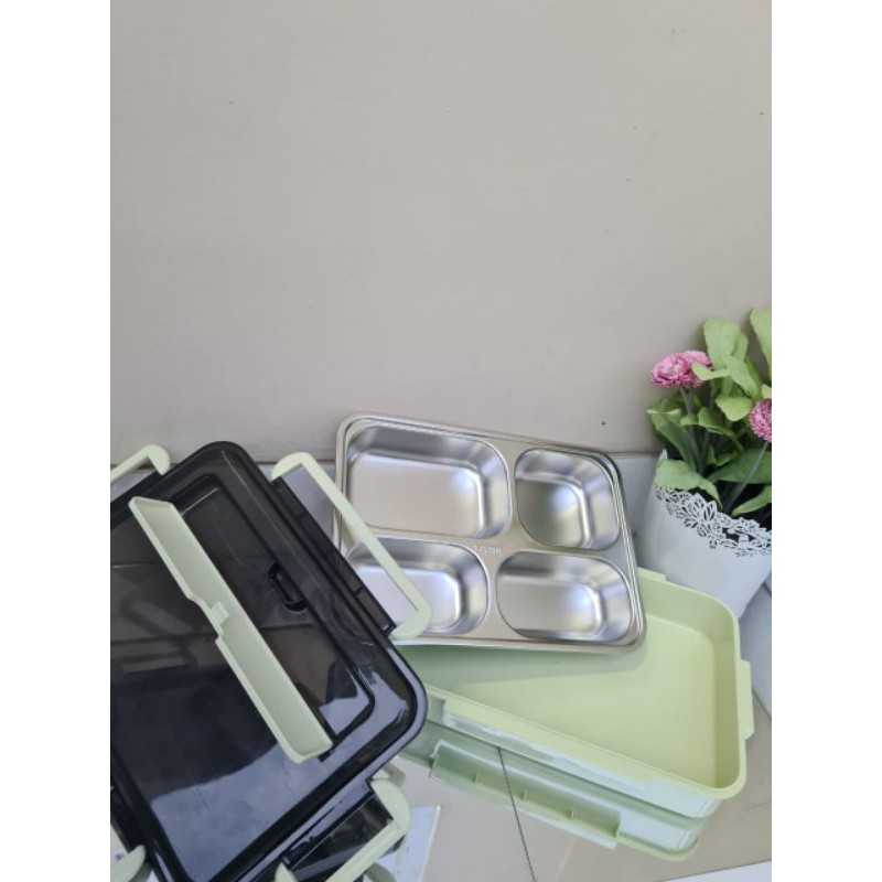 Laristerus79 KOTAK MAKAN 304 HITAM steinless 4 sekat penghangat makanan stand hp
