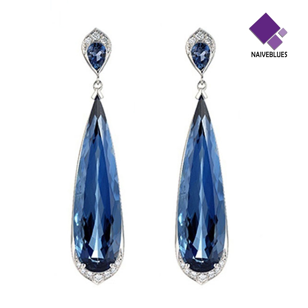 Anting Juntai Bentuk Water Drop Aksen Sapphire Gaya Elegan Untuk Wanita