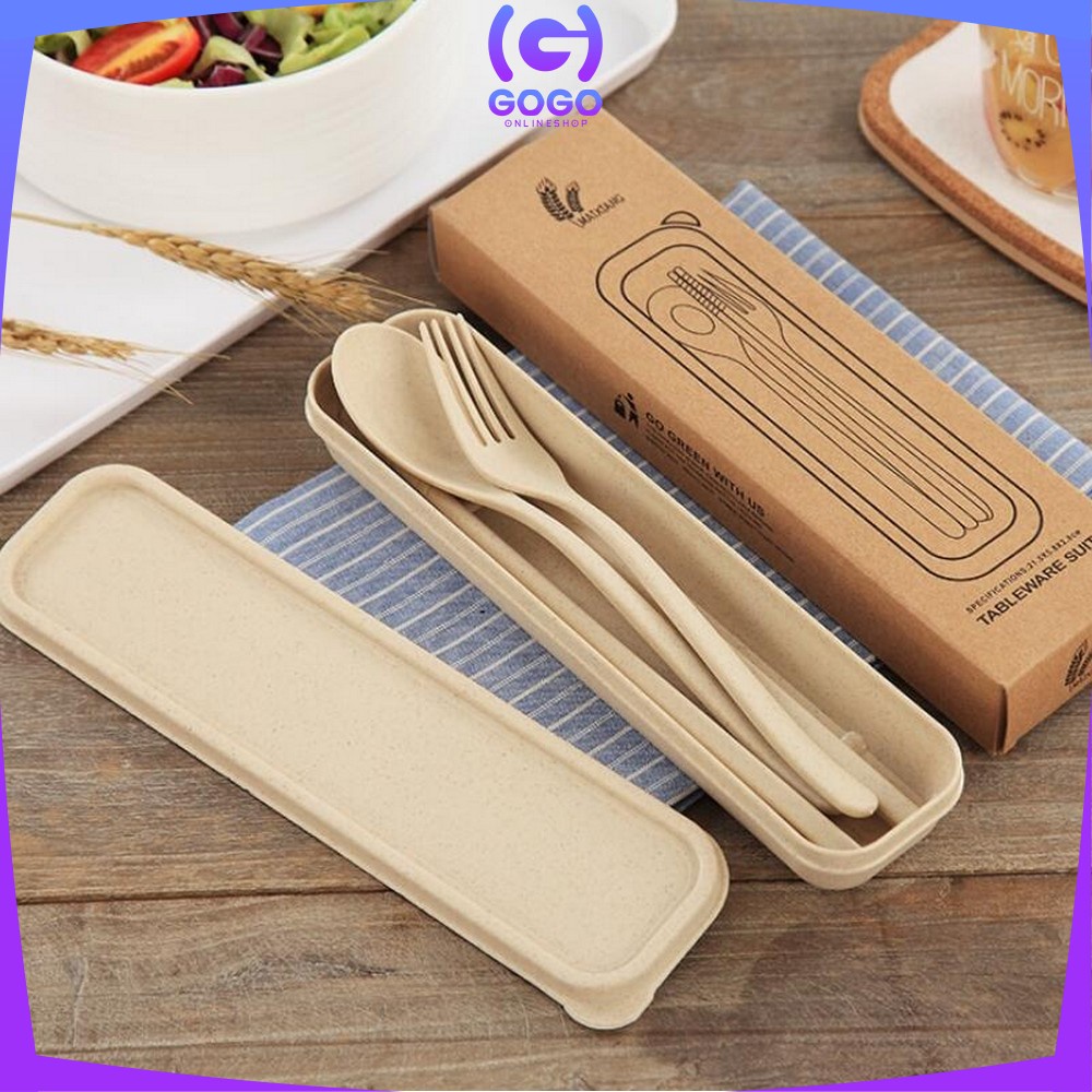 GOGO-C176 Sendok Garpu Sumpit 3in1 Travel Cutlery Set Alat Makan Set Korea Bahan Jerami Gandum Impor