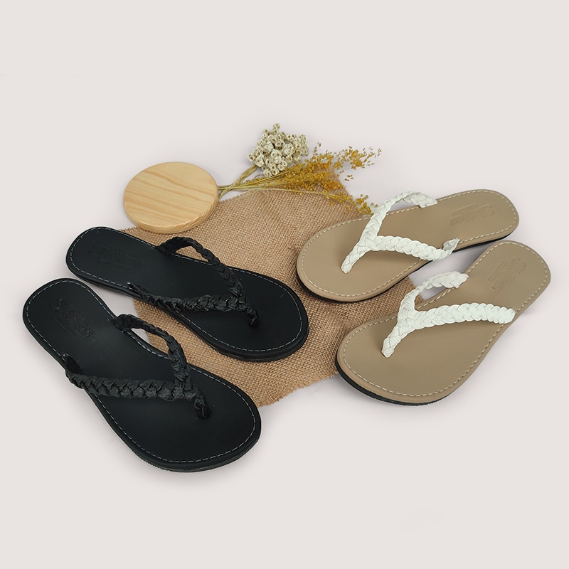 Sandal Jepit Wanita Kulit Sintetis Motif Kepang Papirut Sol Karet Anti Licin