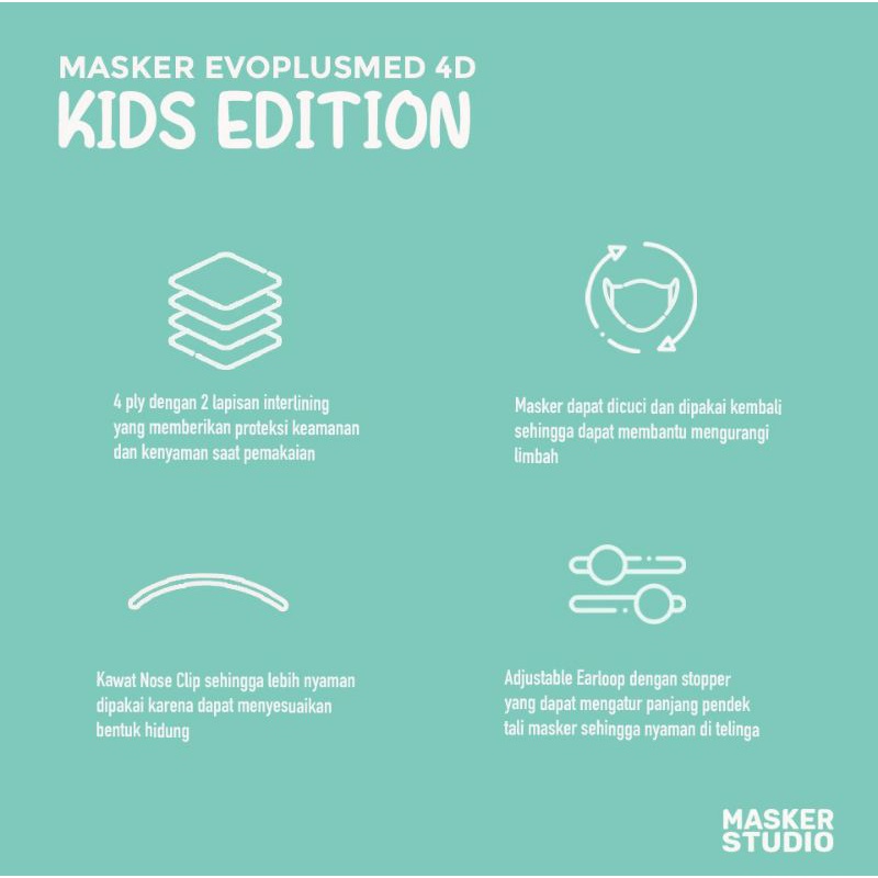 Masker Kain Anak 4D Evo PlusMed with Earloop (4 Ply) KIDS EDITIONS by Masker Studio