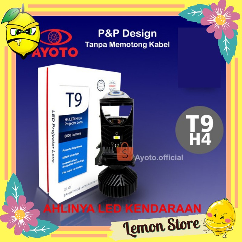 AYOTO 1SET Lampu led mobil depan utama projektor T9 H4/HS1 Hi 36watt+ Lo18watt warna putih(12BULAN)