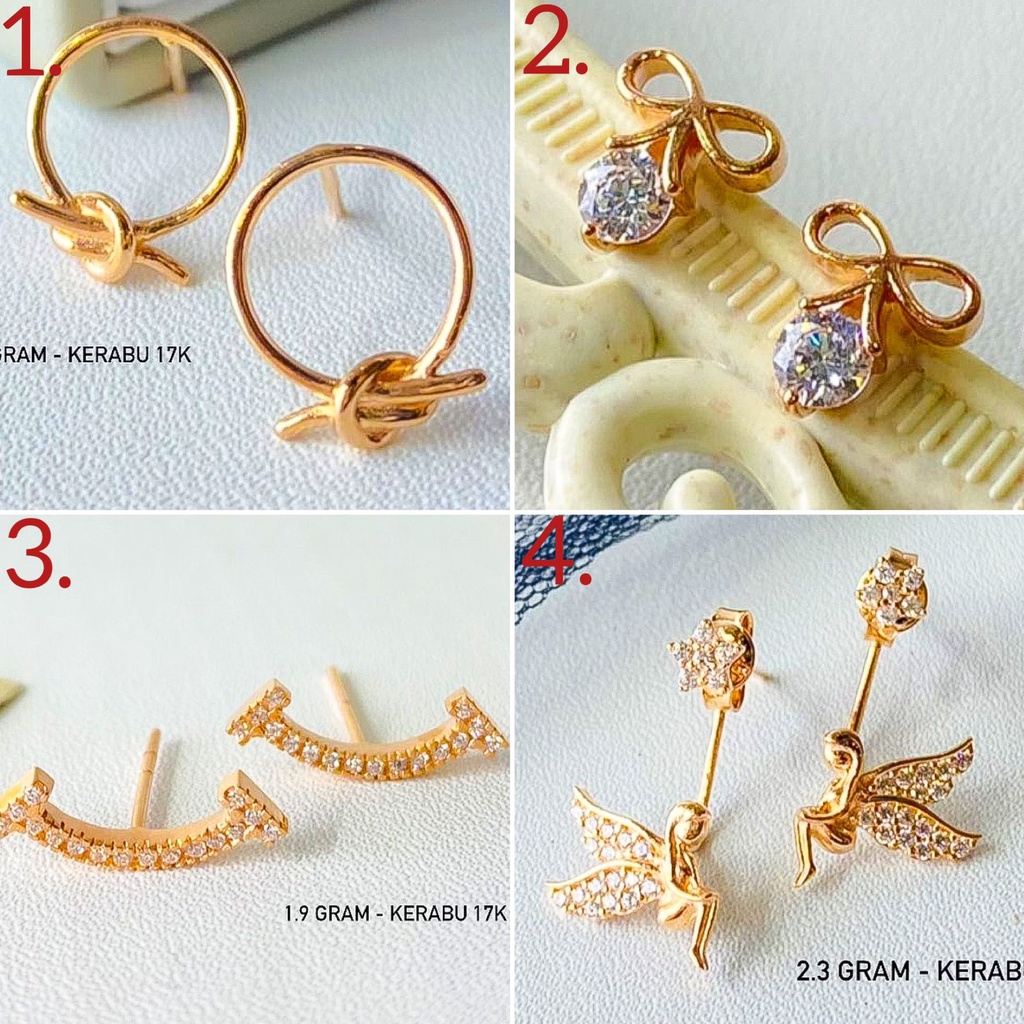 Anting anak dan dewasa emas asli kadar 750 75 17k rosegold solitaire giwang kerabu duduk tusuk stud paku permata pita ribbon bulat simpul mini smiley angel tinkerbell 1 satu gram gr g terbaru