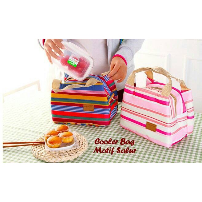 Promo Terbaru!!!  Tas Bekal Lapis Aluminium Tahan Panas Dingin Lunch Cooler Bag Salur Motif Garis Berkualita