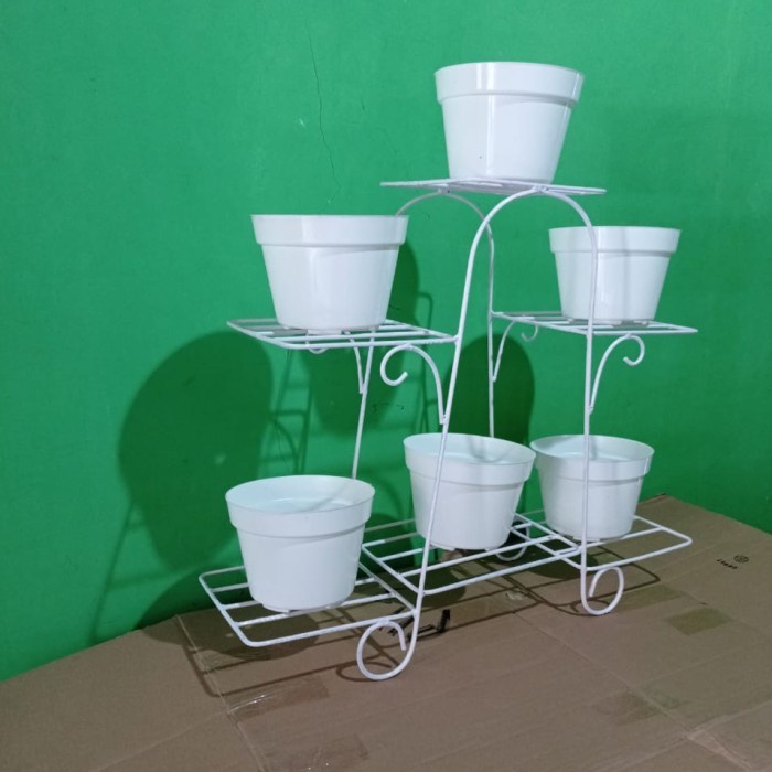 standing rak pot bunga 6susun/rak pot besi + pot putih 18cm/rak. - Putih