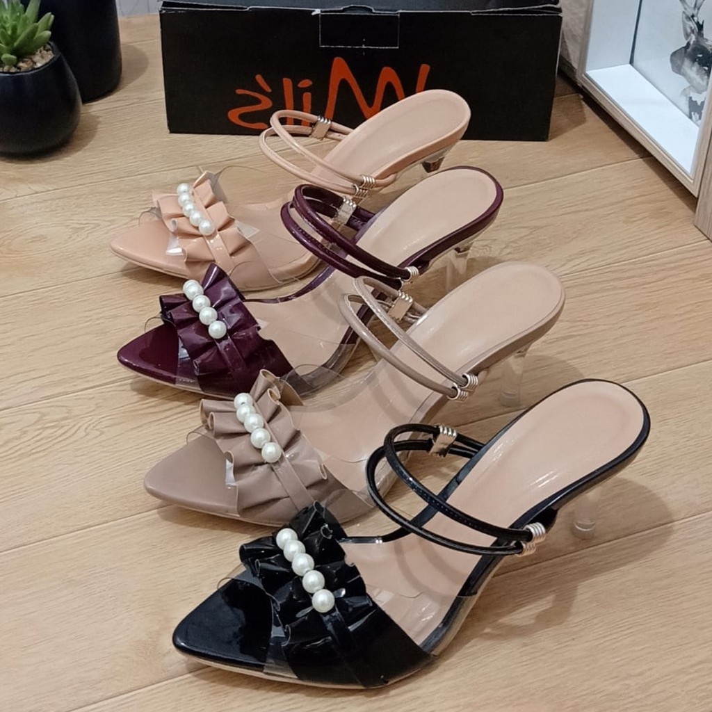 Sandal High Heels Wanita / Sandal Pesta / High Heels Kaca Mutiara Deret