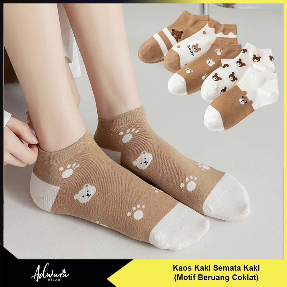 Kaos Kaki Wanita Pendek Semata Kaki Motif Beruang Coklat Gaya Korean (Sudah Dikemas Plastik OPP)