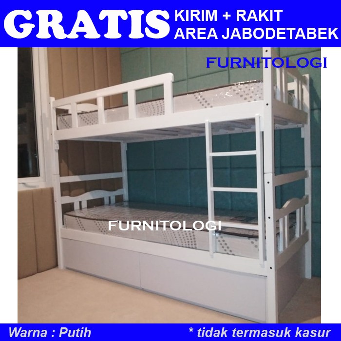 Ranjang Susun 2 Tingkat dengan Laci Kolong Serbaguna White Bunkbed Ranjang Susun Putih