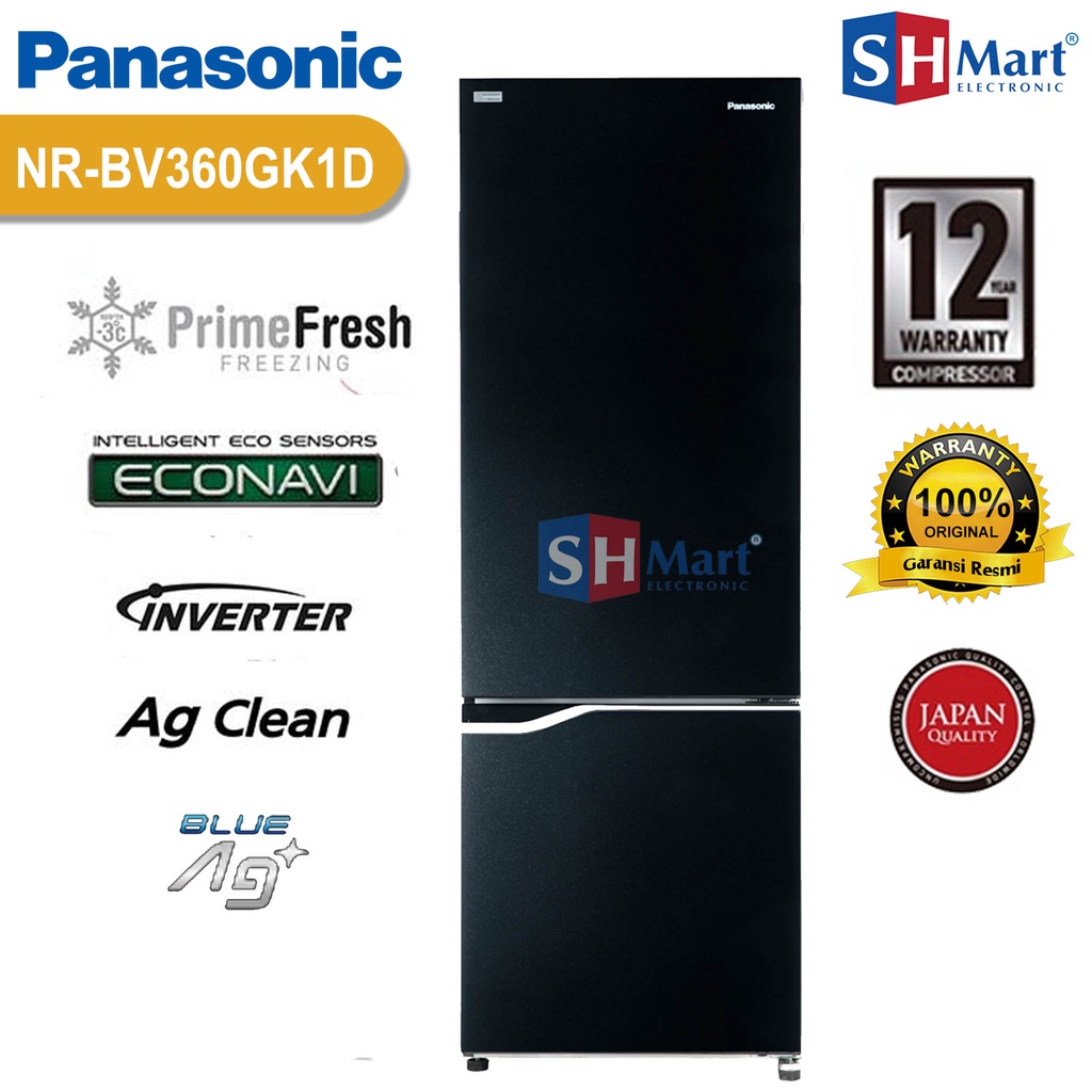 KULKAS PANASONIC BOTTOM FREEZER NR-BV360GK1D GLASS DOOR INVERTER PRIME FRESH GARANSI RESMI (MEDAN)