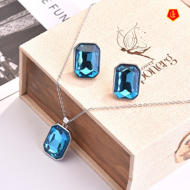 [Ready Stock]New Inlaid Topaz Sea Blue Gem Stud Earrings Necklace Set