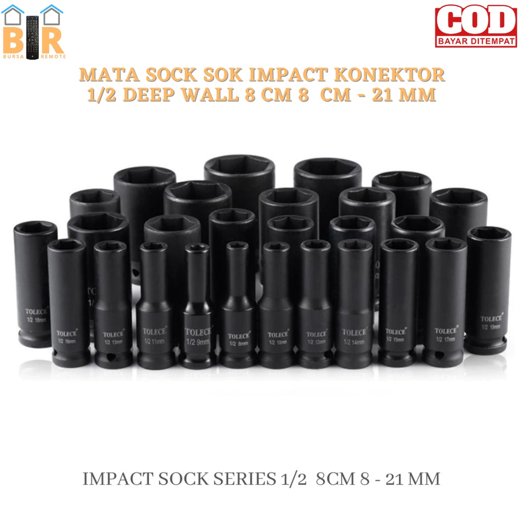 Mata Kunci Sock Sok Impact - Socket Hitam 1/2 Deep Wall Panjang Konektor 8MM-21MM