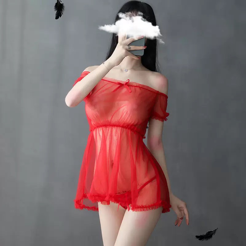 (COD) Lingerie Wanita Sexy transparan Strapless blus renda Mini babydoll Baju tidur A506-