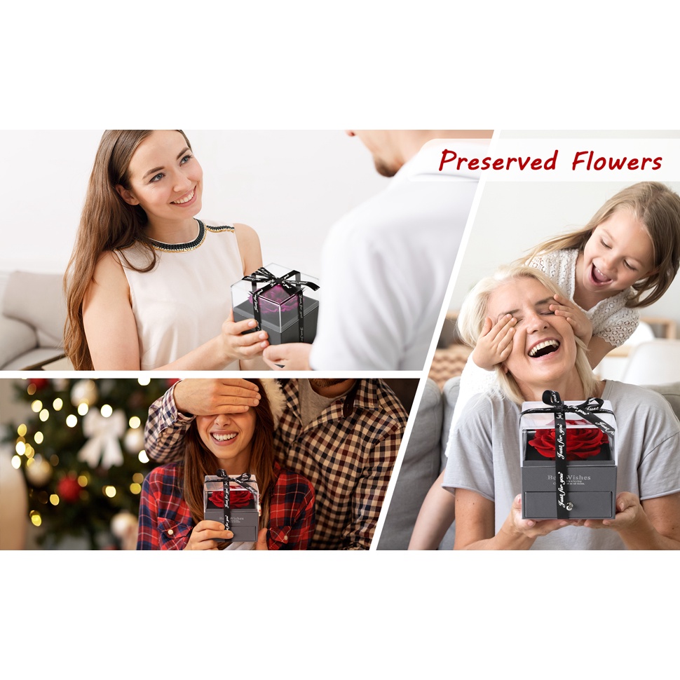 Topspo Tkalung cewek kotak hadiah Diawetkan Mawar Asli 925 Sterling Silver I Love You Kalung 100 Bahasa Buatan Tangan Kalung Hadiah Set I untuk Gadis Wanita Hari Ibu Ulang Tahun Ulang Tahun Hari Valentine Natal Bunga Mawar Asli Paket Hadiah Set Merah