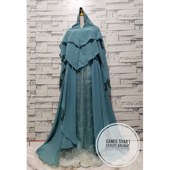 Gamis 1Set Hijab Pesta Full Ceruty Gamis Ceruty Babydoll Brukat 3D Gamis Syar'i Brukat Oneset Hijab 