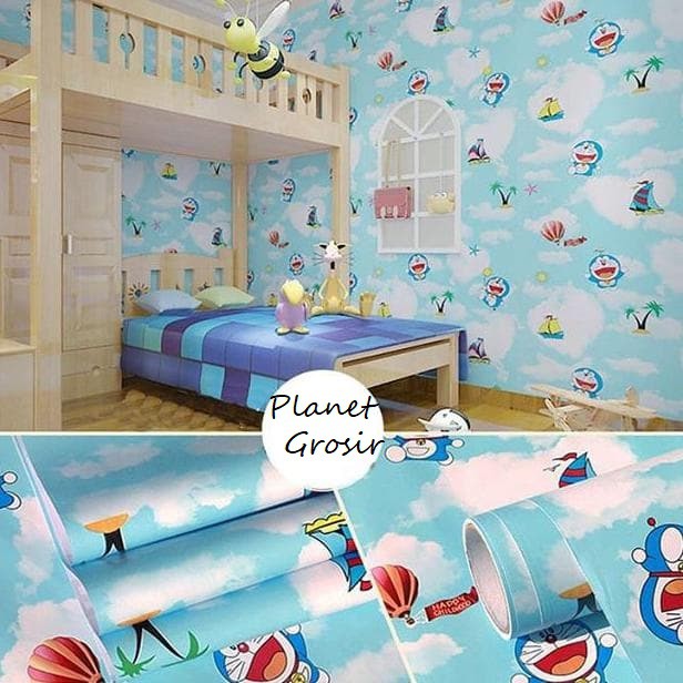 Wallpaper Dinding Kamar Tidur Motif Doraemon Awan Pantai