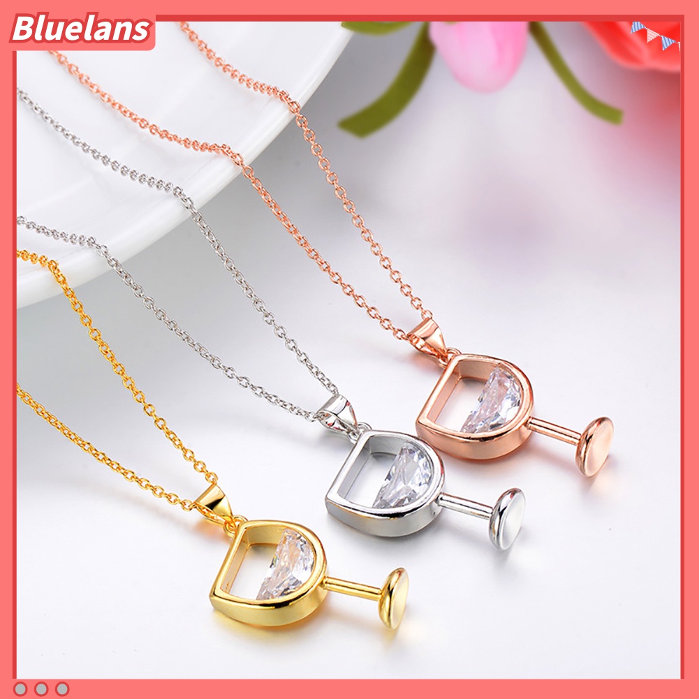 Kalung Rantai Panjang Dengan Liontin Gelas Wine Bahan Cubic Zirconia Untuk Wanita