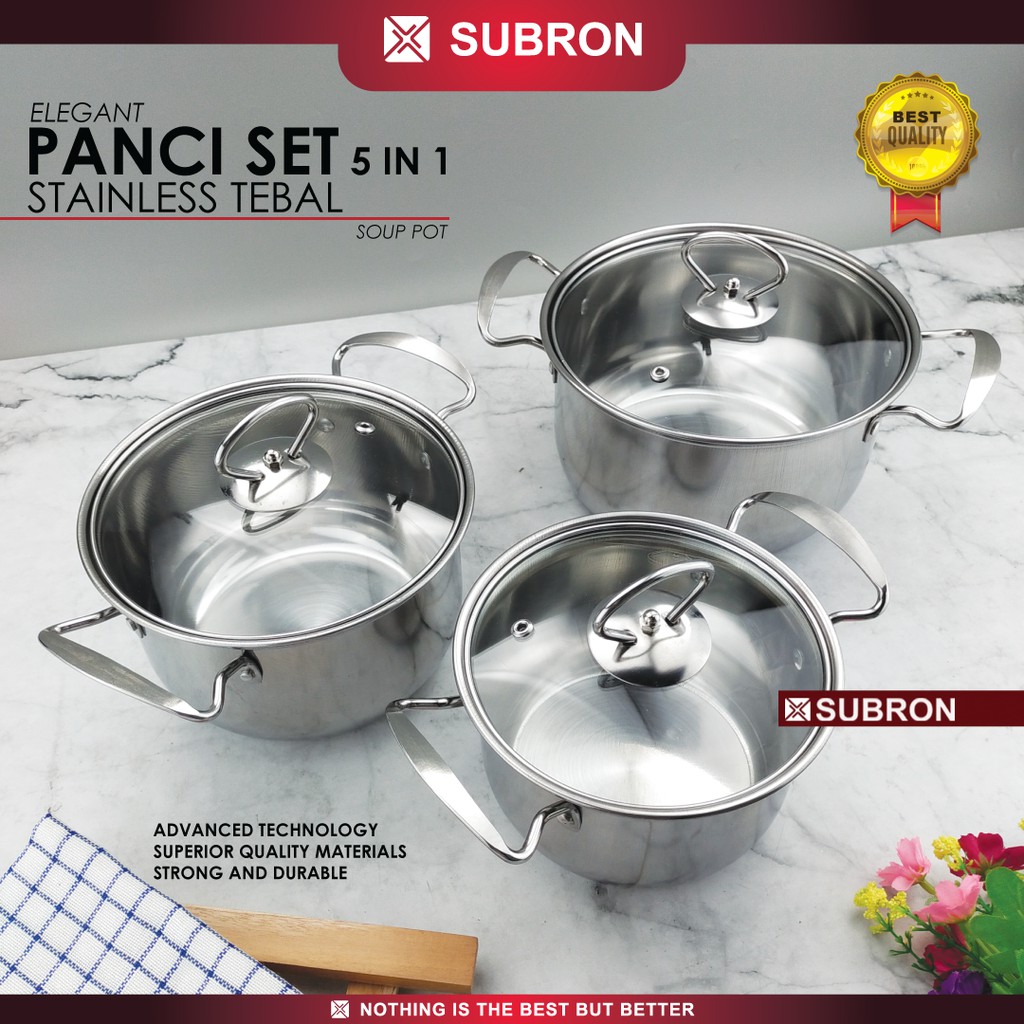 SUBRON Stock Pot Set Panci Tinggi Soup Tutup Stainless 5in1 + Steamer