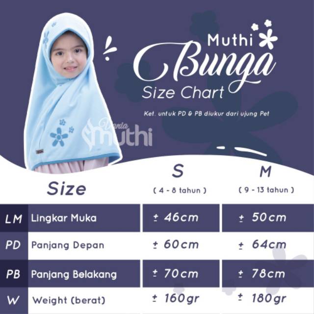 Jilbab Vania Muthi Bunga Size S (usia 4-7 th) dan M (8 - 13 th)- Jilbab Vania Premium-Jilbab Sekolah