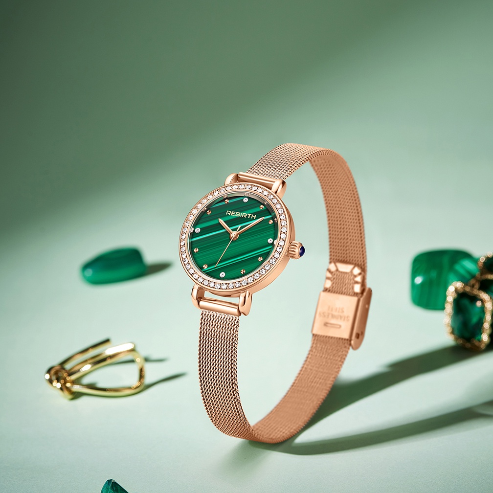 REBIRTH Jam Tangan Wainita Retro Green Dial Tahan Air Kuarsa Tali Kulit Jam Tangan Cewek