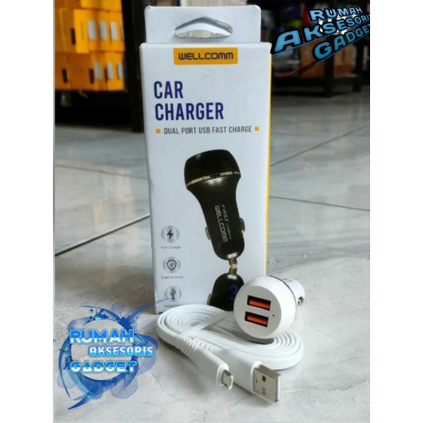 WELLCOMM SAVER CHARGER MOBIL MOTOR 36 WATT Pengisian daya cepat Fast charging 2 port USB MICRO TYPE-C