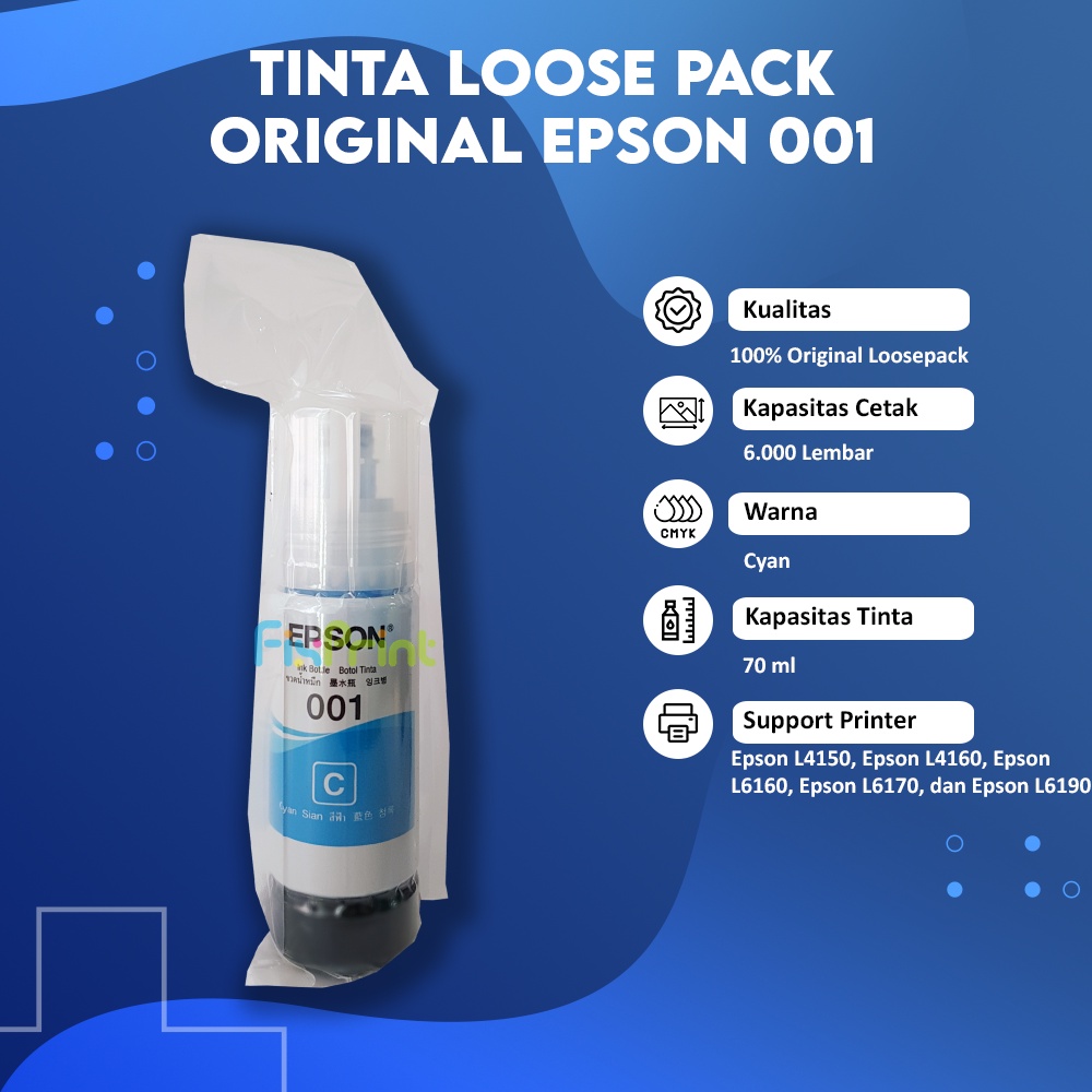 Tinta Refill Epson 001 Original Loosepack L4160 L4260 L4150 L6160 L6170 L6190 Tinta Original Tanpa Box Original 127ml Black 70ml CMY