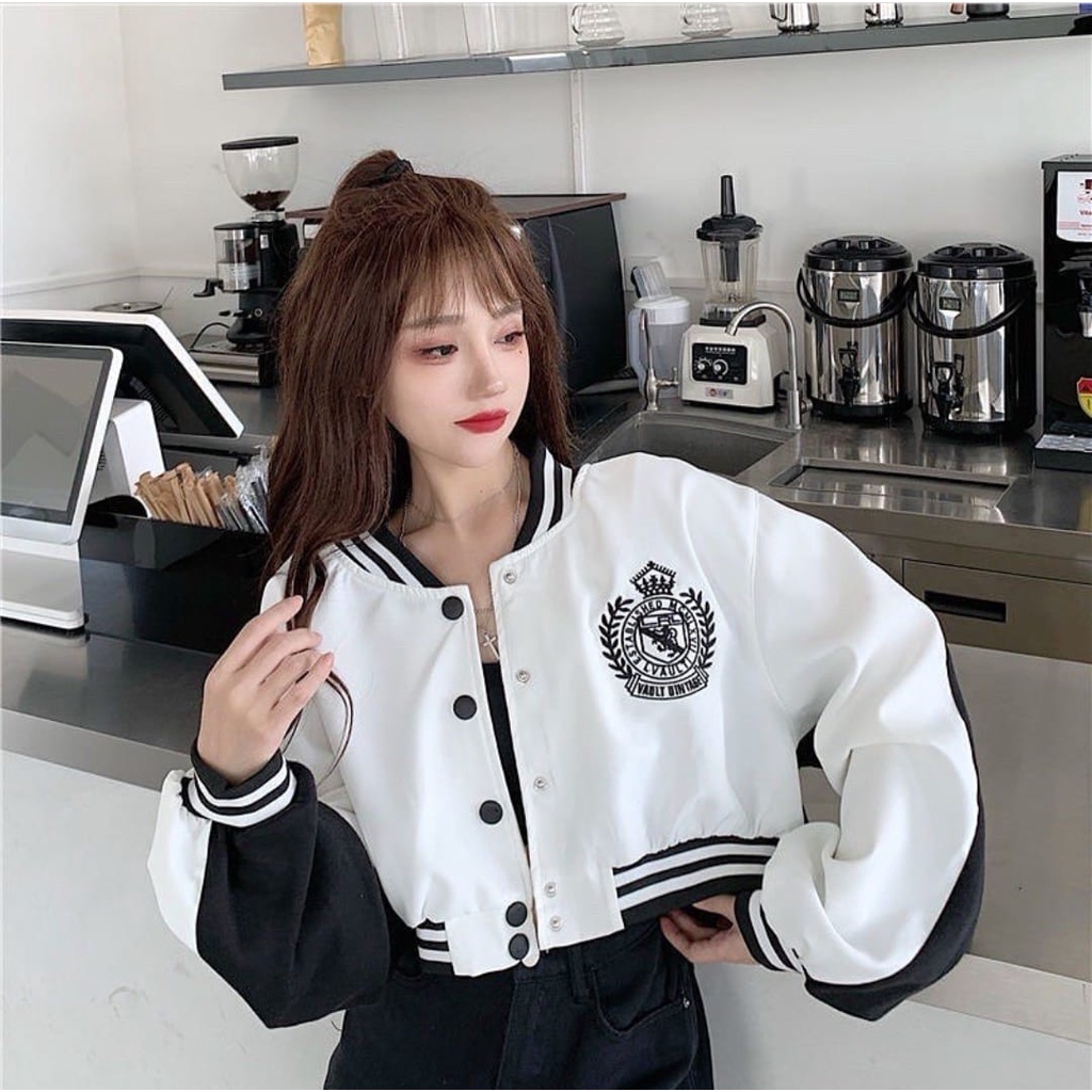 Jacket Baseballs Two Tone Crop - Jacket Bomber Terbaru - Jacket Varsity Crop - Baju Wanita - Bahan Fleece - Allsize - Sweatshirt