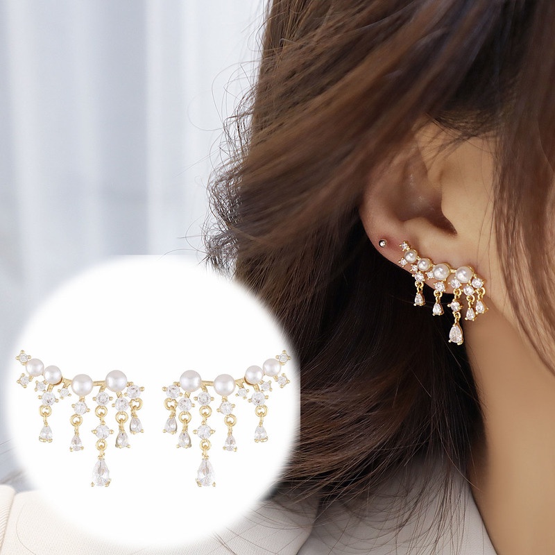 Anting Tusuk Gantung Temperament Hias Zircon + Mutiara Gaya Trendy / Simple Untuk Wanita