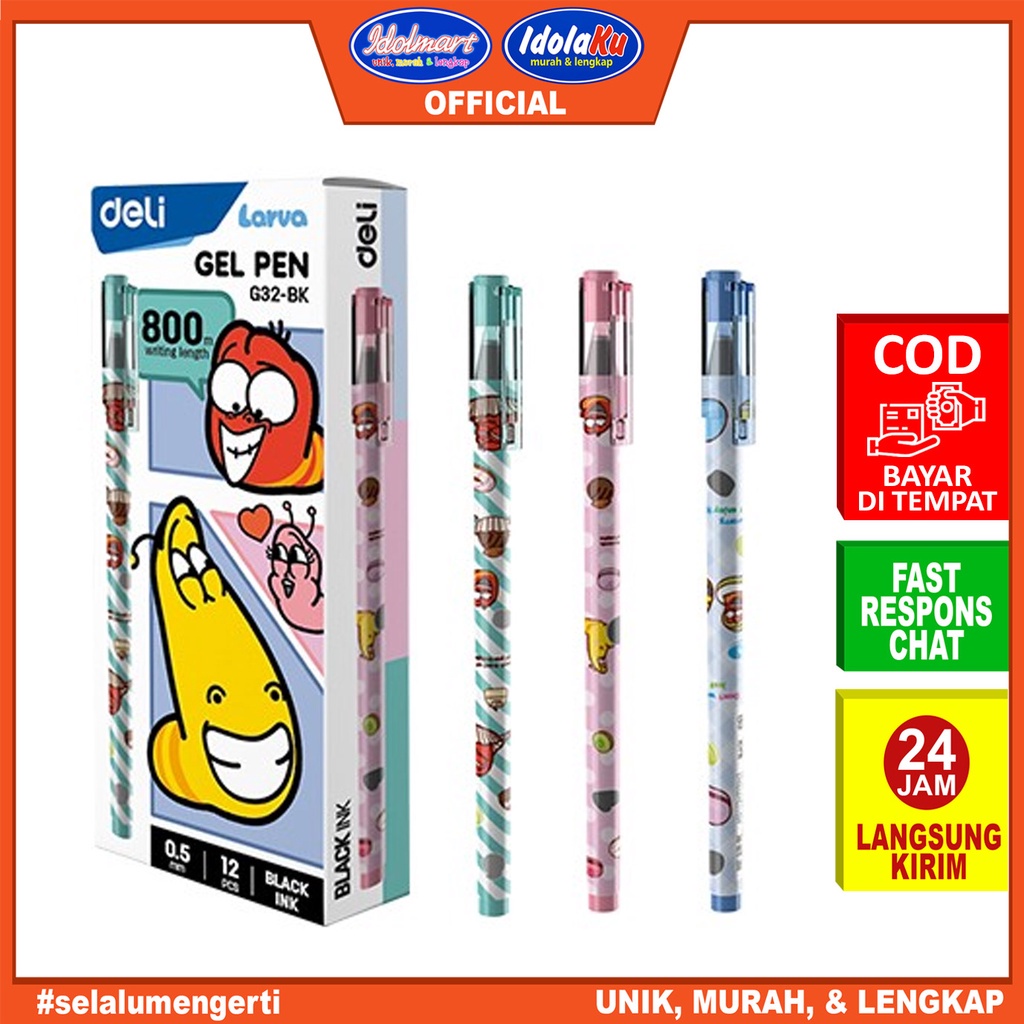 

IDOLMART Deli Larva Gel Pen / Pulpen Gel Hitam Needle Tip 0.5mm / EG32-BK /pcs Deli Bandung
