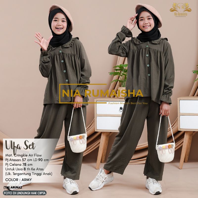 Setelan Anak #1 Motif Polsa / Falfa / Mia Rainbow / Gaida / Granada / Grenty / Shafa / Nagita / Metta / JK / Leopard / Khaula / Joela / Jihan / Jannah / Rasya / Rose / Jofa / Rinaya / Jannati / Ulfa / Moza Original Nia Rumaisha-Ulfa army