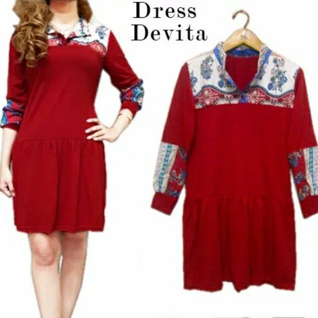 cn dress wanita merah murah trendy L elegan modis modern sexy red terusan rok pendek batik etnik