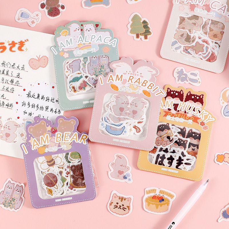 

DEIGOODS❤ 30 Pcs Sticker Deco Bear Rabbit Alpaca Cat Aesthetic Dekorasi Bujo Journal DIY Scrapbook