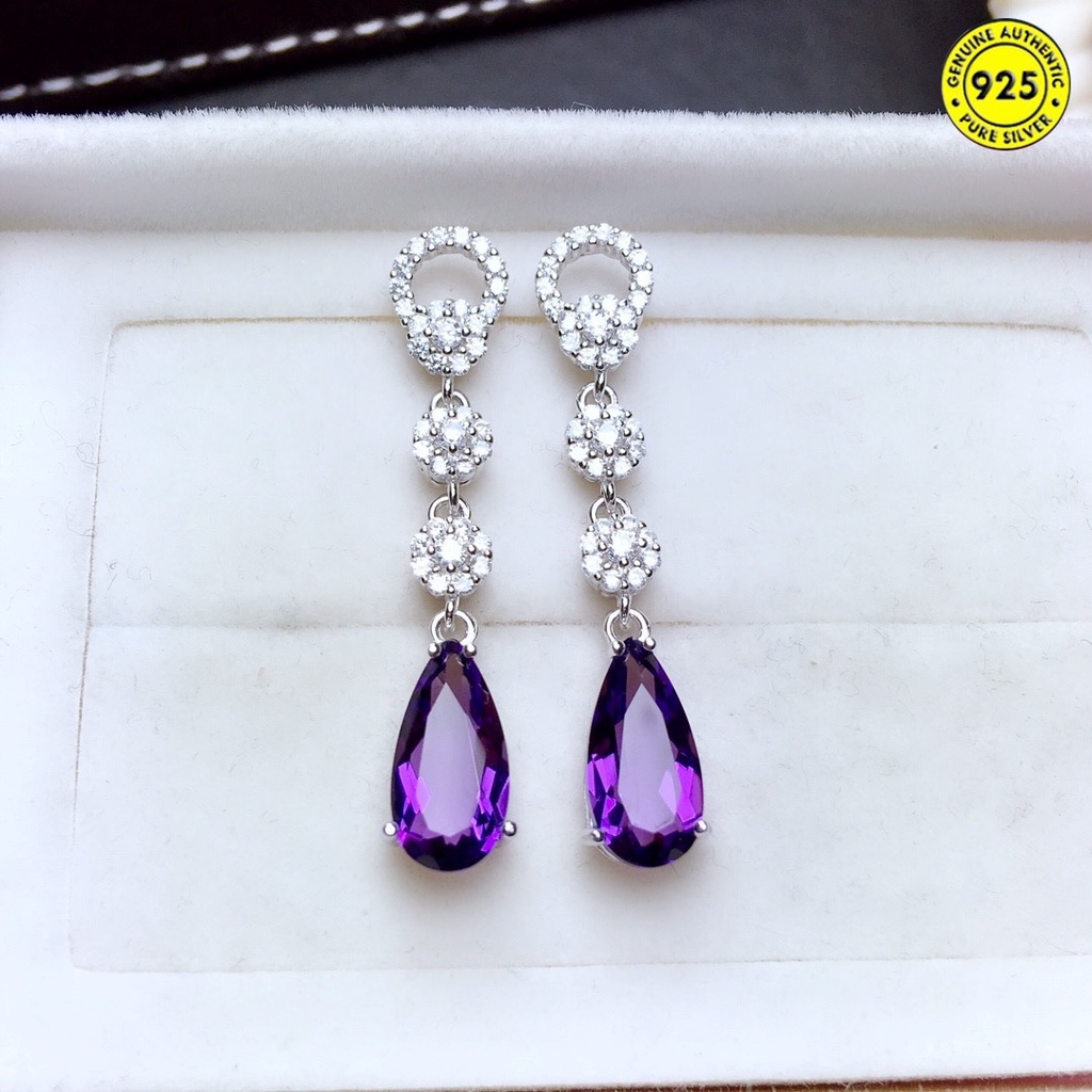 Anting Giwang Panjang Mewah Dengan Amethyst + Berlian Imitasi Untuk Wanita