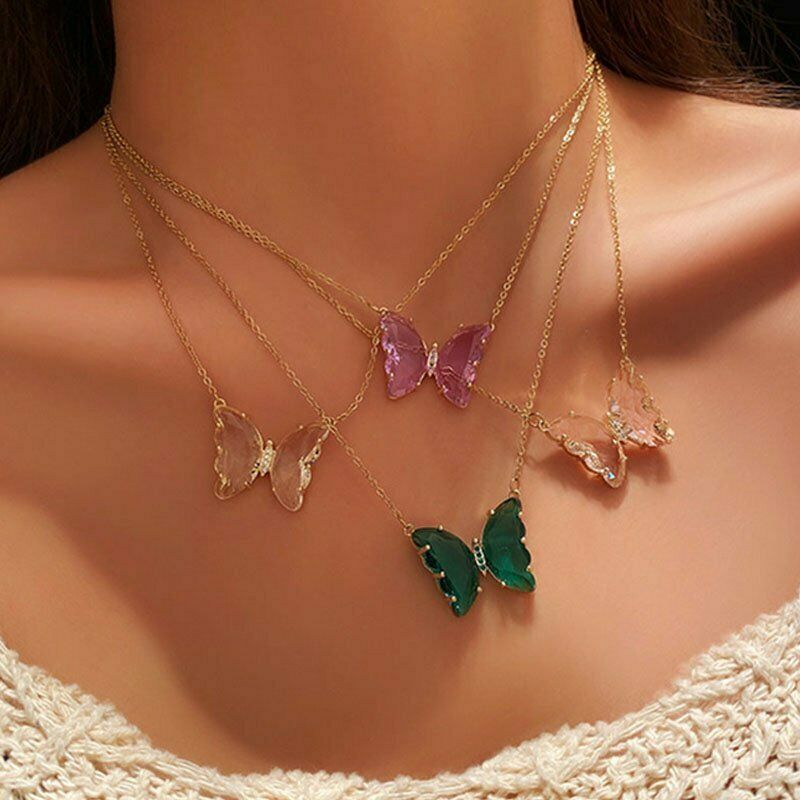 Kalung Choker Desain Kupu-Kupu Bahan Kaca Alloy Warna Permen Transparan Gaya Korea Untuk Wanita