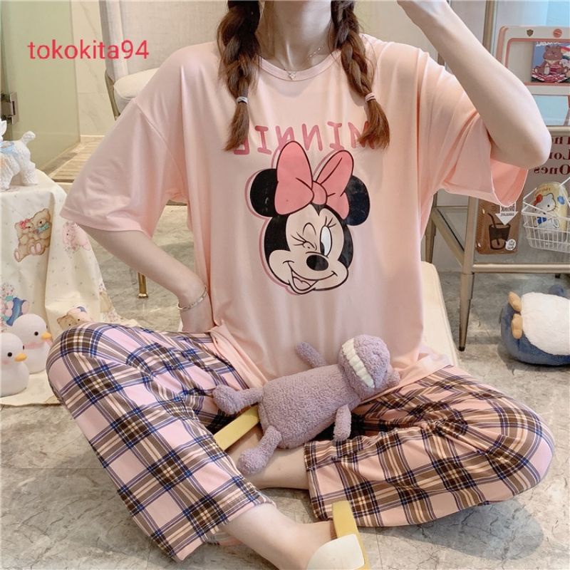 Piyama Import Wanita Lengan Pendek 1 Set Korea - Piyama Baju Tidur Lembut - Pakaian Tidur e