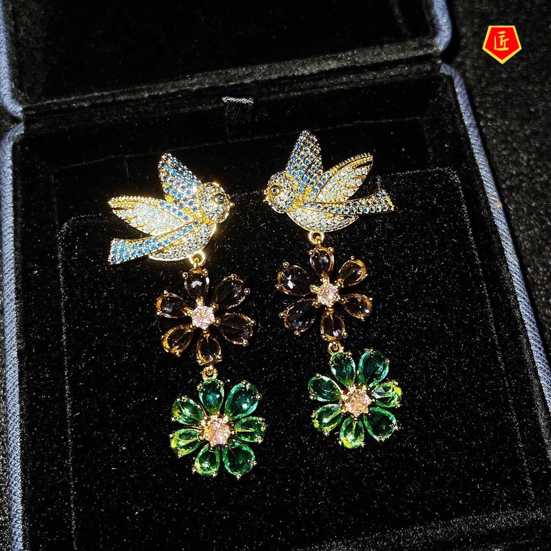 [Ready Stock]Luxury Vintage Flower Full Diamond Bird Earrings