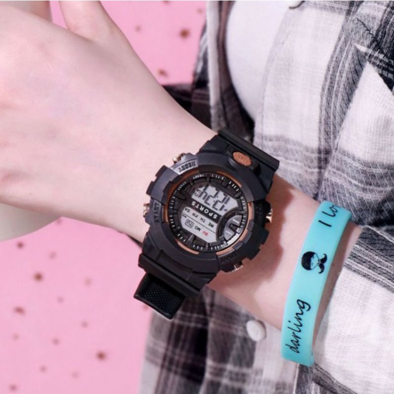 Jam tangan digital unisex rubber sport pria wanita bisa alarm dan nyala lampu led