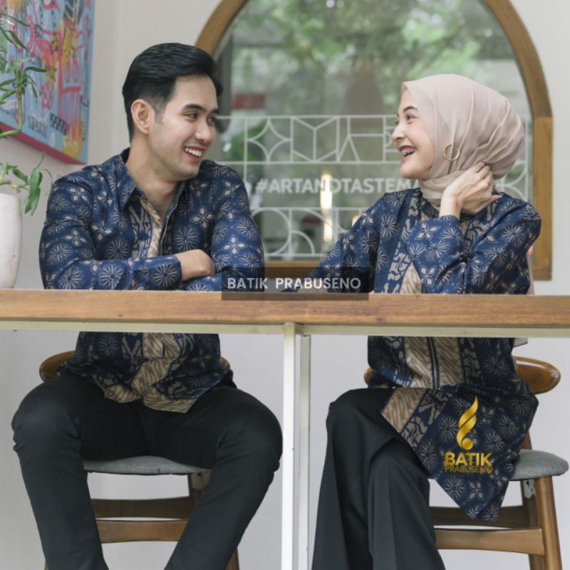 Cauple Batik Printing HANUM.NAVY Slimfit Lengan Panjang Original Kemeja Atasan Elegan Kekinian Terba