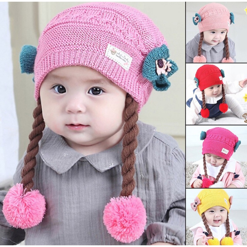 Kupluk Pompom Polos Bayi Model Kepang Imut Cute Usia 1 Bulan - 3 Tahun Bahan Rajut