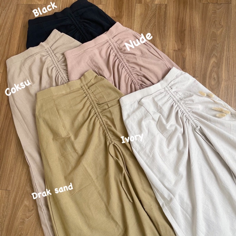 Rok Serut Crinckle Casual Flowy - Midi Maxi Ruched Skirt - Rok Wanita Korean Look-IVORY
