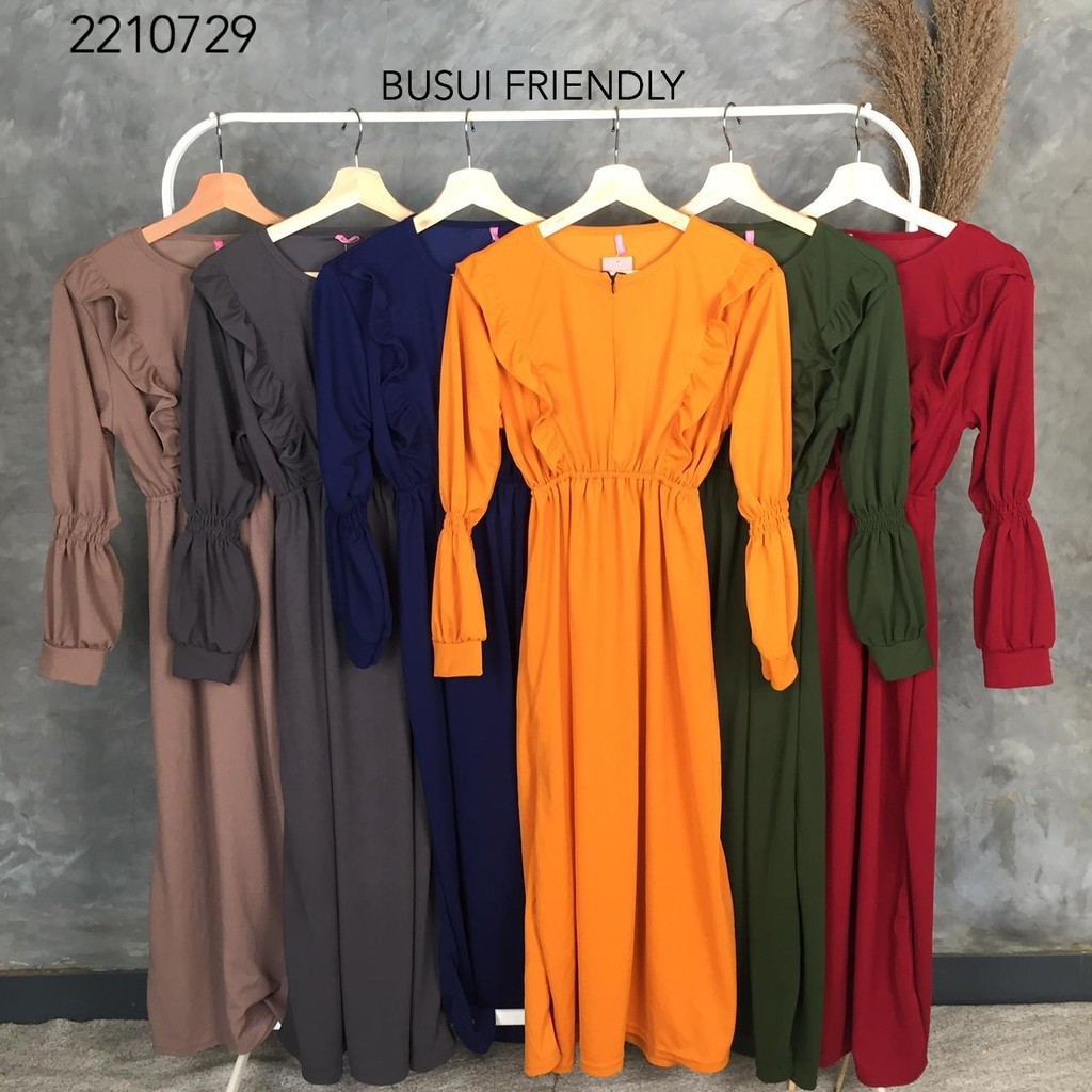 Gamis Andrea maxi model pinggang ruffle lengan kerut bahan waffle velvet merk valica