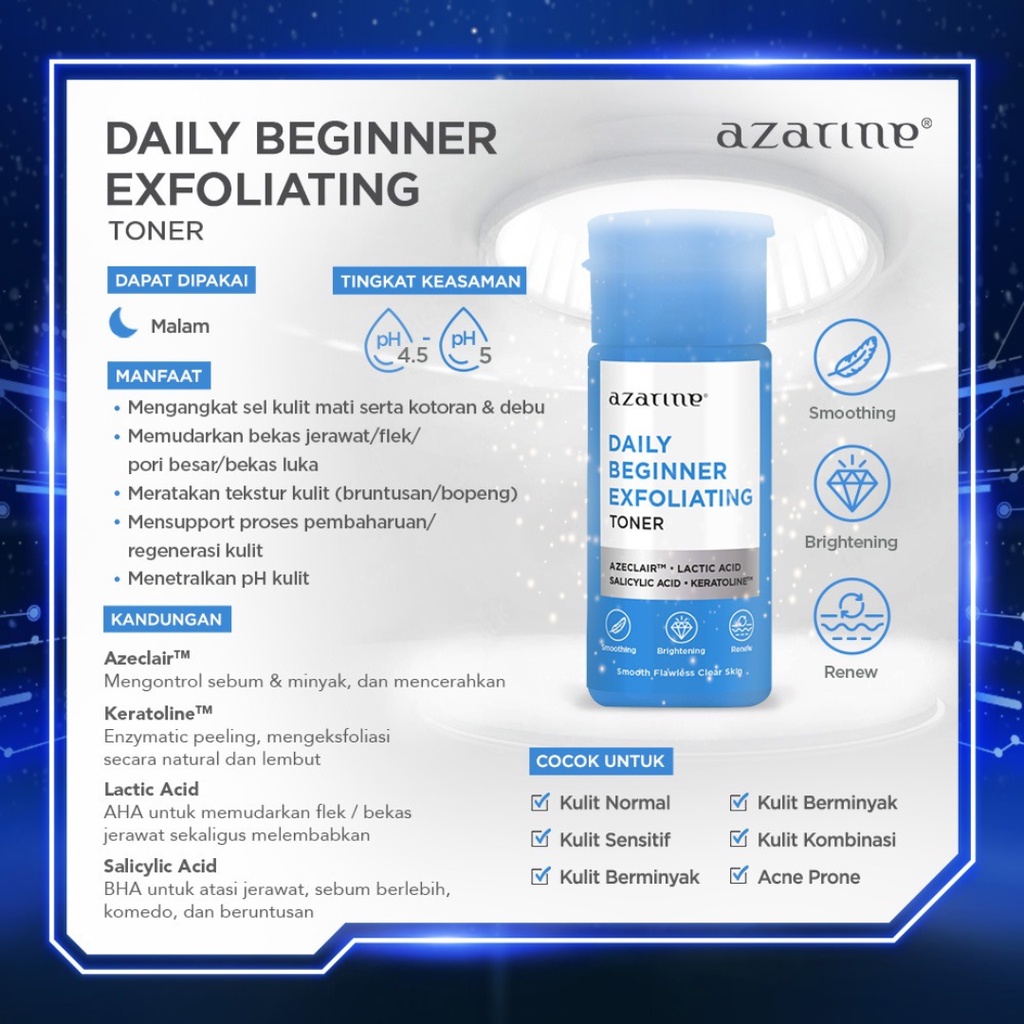 AZARINE Toner 90 ml (Multi Acid Glowing, Mild Purifying, Moisture Rich Hydrating, Daily Beginner Exfoliating, Polypeptide Fresh Vitality)