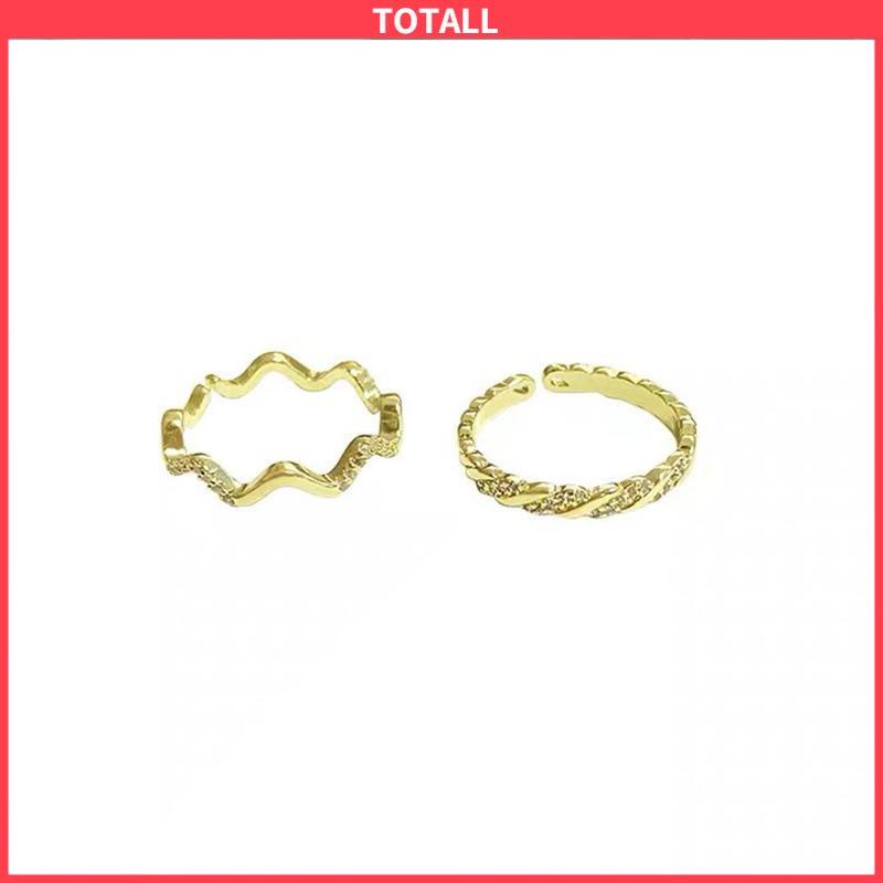 COD 2 PCS Cahaya Mewah Wanita High-end Super Indah Bergaris Gelombang Cincin Pembukaan Temperamen-Totall