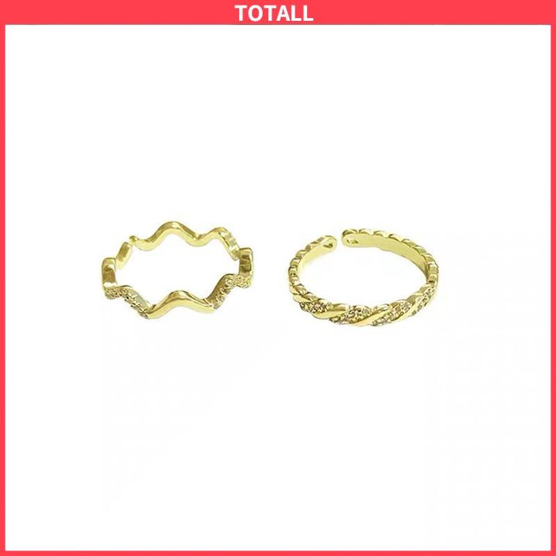 COD 2 PCS Cahaya Mewah Wanita High-end Super Indah Bergaris Gelombang Cincin Pembukaan Temperamen-Totall