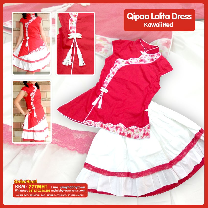 Qi Lolita Dress - Red Top &amp; White Skirt - Kostum Cheongsam Qipao