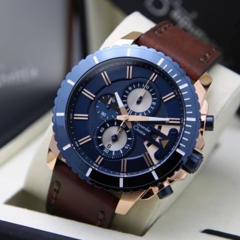Jam Tangan Pria Alexandre Christie Ac 6527 Mc Blue Rose gold Original Fashion Pria