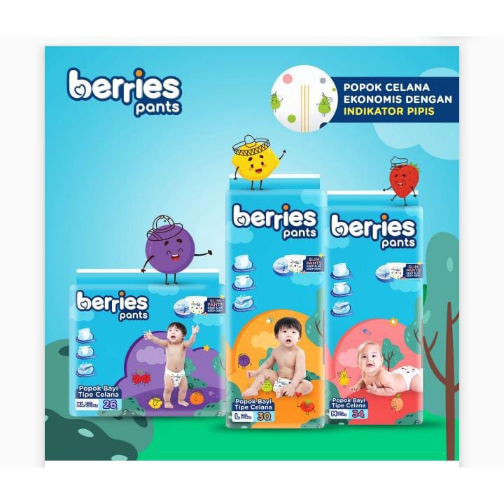 BERRIES POPOK BABY BERRIES PANTS / TIPE CELANA M34 / L30 / XL26 popok bayi murah popok celana