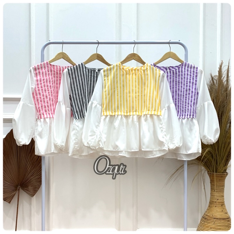 Unagi Blus Salur Blouse Monocrom Atasan Wanita Fashion Murah