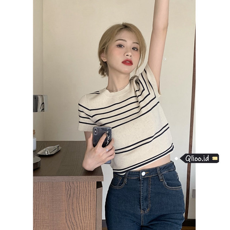 Kaos Rajut Lengan Pendek Garis-garis Wanita Korean Style Knit Crop Top
